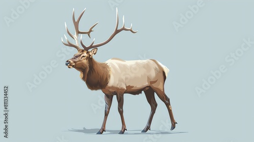 A large elk stands in a field, its antlers outstretched. The elk is in mid-stride, and its head is turned slightly to the left.