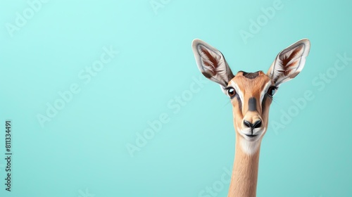 A beautiful gerenuk stands in front of a blue background. The gerenuk is a long-necked antelope found in the savannas of East Africa.