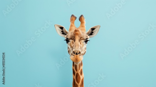 Funny giraffe closeup portrait on blue background. The giraffe is looking at the camera with a curious expression.