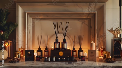 A high-end diffuser collection arranged on a sophisticated mantelpiece, surrounded by intricate incense packaging mockups and backlit by soft lighting