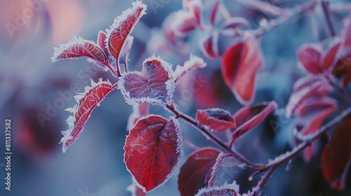 A beautiful close-up of a plant with red leaves covered in frost.