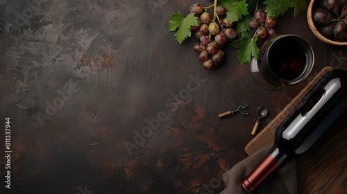 A wooden table with a bottle of red wine, a glass of red wine, a bunch of grapes, a corkscrew, and a wooden cutting board.