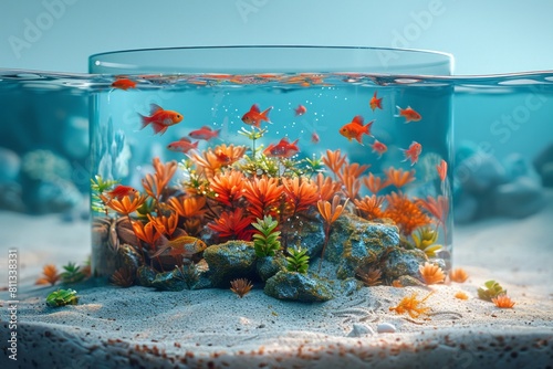 Fish in aquarium box inside in the middle of the ocean. Limited consciousness, conceptual.