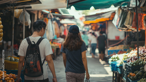 Um casal explorando um mercado local em uma viagem internacional, absorvendo a cultura e os sabores locais.