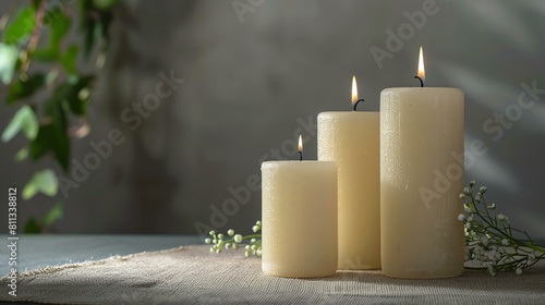Three white candles are burning on a rustic table. There are some white flowers and green leaves next to them. The background is a dark grey wall.