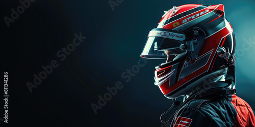 close-up of a motorcyclist wearing a detailed red and white racing helmet on a dark background