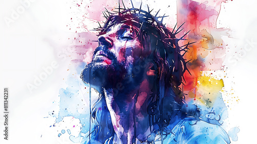 Crucifixion of Jesus, watercolour illustration, Jesus Christ on a cross