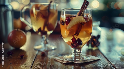 American cuisine. Mulled wine with white wine, rum and raisins. 