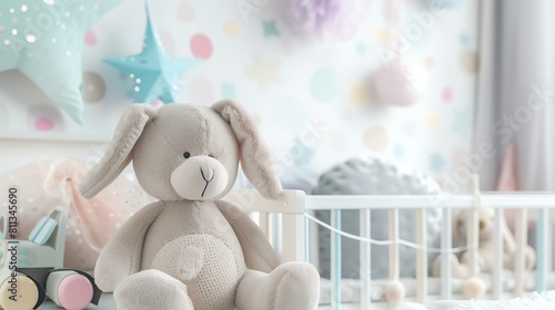 Cute and cuddly stuffed animal bunny rabbit sitting in a baby's nursery.