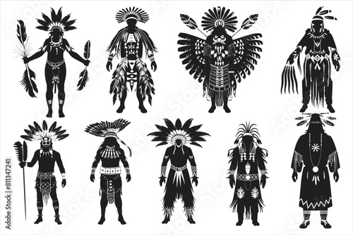 Native American Indian costume black silhouette, Young woman in costume of American Indian. Silhouette of beautiful Indian women