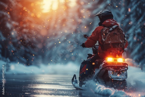 A rider on a snowmobile travels through a snowy forest terrain with sun setting in the background, capturing the essence of winter adventure