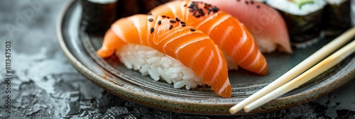 Fresh salmon sushi on rustic ceramic plate with space for text