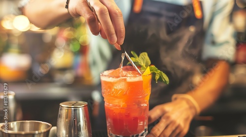 Barman carefully stirs a refreshing summer cocktail with orange slice and mint leaves in a glass with ice cubes