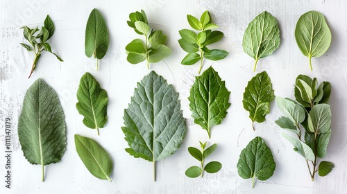 **Fresh green leaves of various plants.** The image shows a variety of fresh green leaves of different plants.
