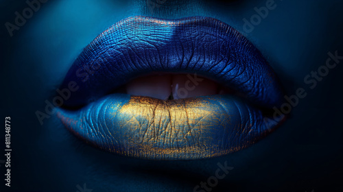 Artistic Blue and Gold Lip Makeup Close-Up