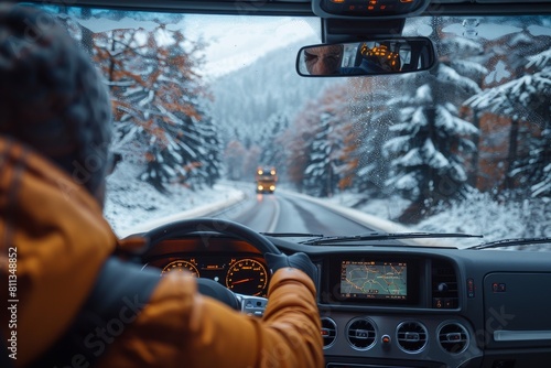 A driver's scenic perspective of a snowy highway with oncoming traffic, capturing the cold beauty of winter travel