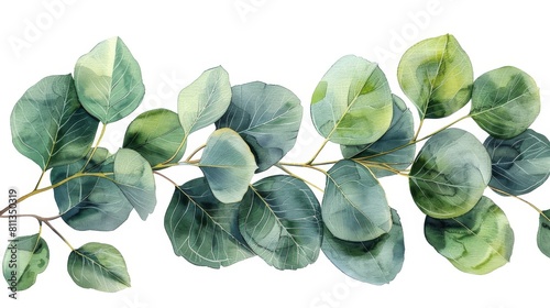 Hand-painted spring composition isolated on transparent background. Realistic eucalyptus branch and leaves illustration. Botanical illustration for wedding cards or greeting cards.