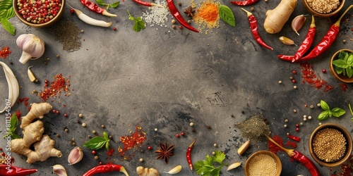 Top view of scattered Tom Yum ingredients on a dark stone background, ideal for ingredient guides or spice profiles in cooking tutorials.