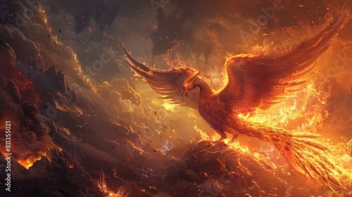 A phoenix, a mythical fiery bird, rises from the ashes against a fiery backdrop symbolizing rebirth, renewal, and the cyclical nature of life