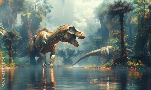 A dinosaur depicted in a forest setting in a painting.