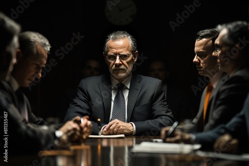 A man in a suit sits at a table with other men, looking serious