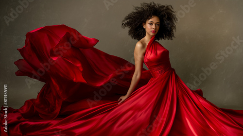 Mulher jovem, usando um vestido longo e elegante de cor vermelha vibrante. Ela possui cabelos cacheados e escuros