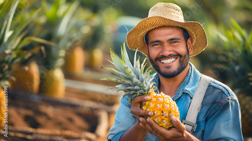 Brazilian farmer offers ananases. A man stands in the garden, among ananas plantation, holds ripe appetizing ananas and smiles, portrait