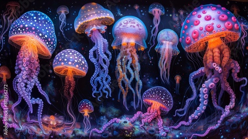 A painting of a group of jellyfish in an underwater setting, AI