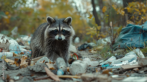 Wild raccoon studies plastic bottles and other garbage in landfill, environmental pollution, impact of pollution on animals.