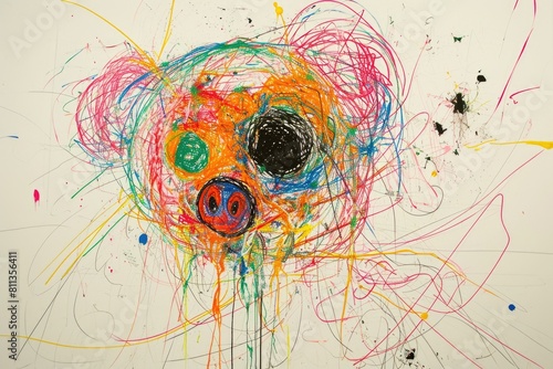 The hand drawing colourful picture of the pig that has been drawn by the colored pencil, crayon or chalk on the white blank background that seem to be drawn by the child that willing to draw. AIGX01.
