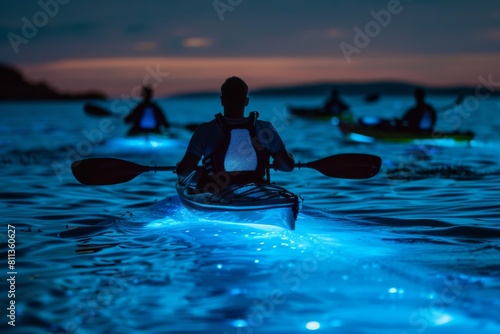 Kayakers in bioluminescent bay. Bioluminescence, illumination of marine plankton. Glowing fluorescent particles. Summer travel and tourism concept. Tropical night beach, sea