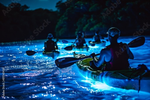 Group of kayakers on bioluminescent water. Bioluminescence, illumination of marine plankton. Glowing fluorescent particles. Summer travel and tourism concept. Tropical night bay