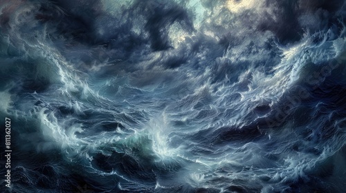 Depicting the concept of chaos with a fractal design, tendrils of darkness and light clashing in a stormy sea, digital rendering realistic