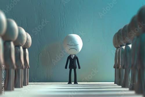 A 3D image of a figure appearing stressed or overwhelmed, standing before a row of identical figures, perfect for discussions on conformity or workplace stress.