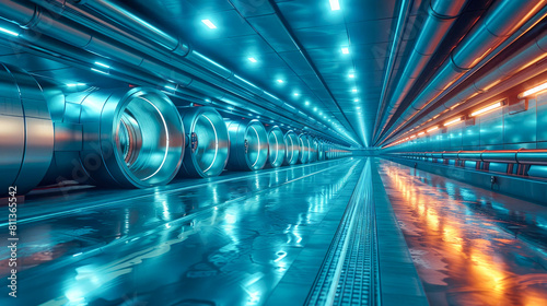 A futuristic corridor with blue lights and reflections
