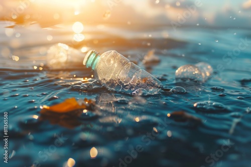 A plastic bottle floats on the surface of a body of water, causing potential harm to marine life and the environment.