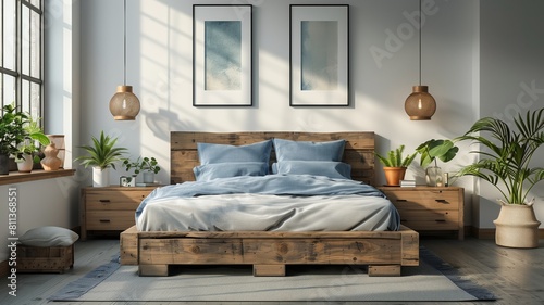 A bright, sunlit bedroom with a rustic wooden bed frame and blue bedding. The room is decorated with several houseplants, two framed prints, and two pendant lights