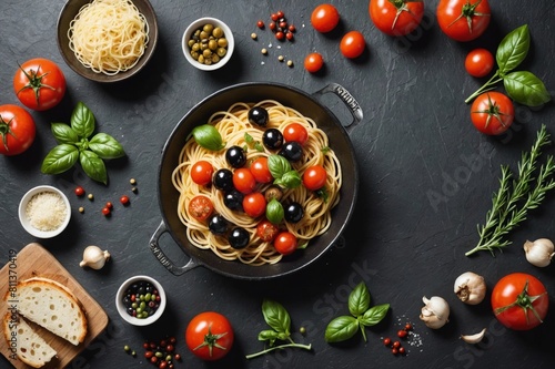 Italian food background, with vine tomatoes, basil, spaghetti, mushrooms, olives, parmesan, olive oil, garlic, peppercorns, rosemary, parsley and thyme. Slate background.