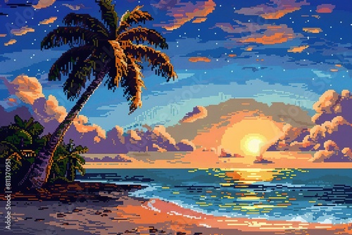 Beautiful seascape scene with palms and sunset vector illustration design, Ai Generated