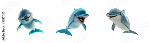 cutout set of cartoon 3d like dolphin characters happy swimming as toys or children movie toon, isolated on transparent png background