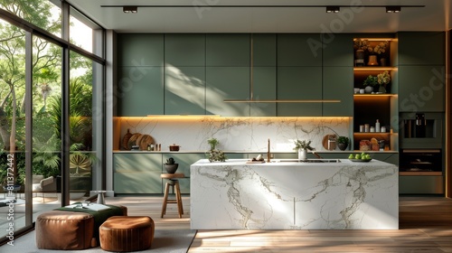 a modern minimalist kitchen with fresh green cabinets, marble countertops, and a white interior creates a sophisticated design aesthetic