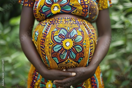 Motherly Love: African Pregnant Woman Cradling Her Belly with Care