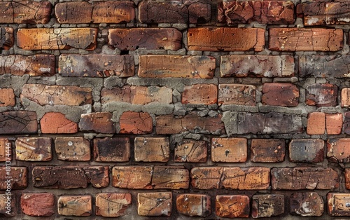 Aged red brick wall with varying hues and mortar lines.