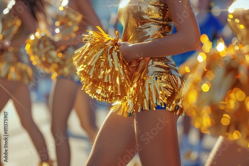 Part of the body of girl in a gold dress with pom-poms, Ai generated