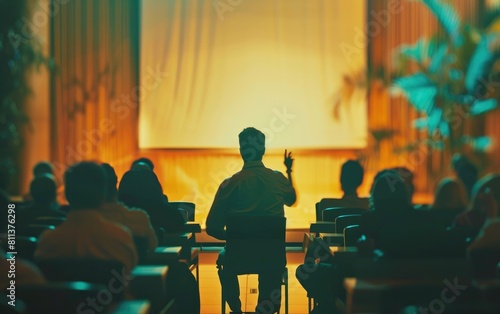 Blurred audience in a seminar with a presenter gesturing toward a projection screen.
