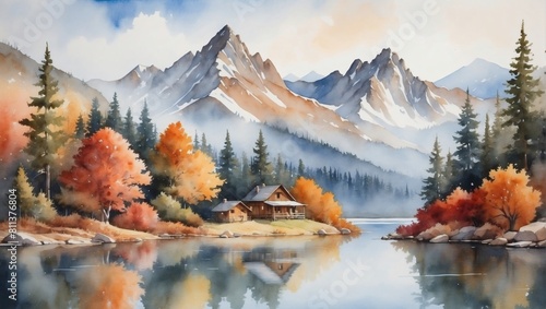 Autumnal Retreat, Watercolor Landscape Featuring Mountains, Forests, and Lake