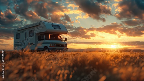 Camper caravan camping on nature at sunset. Traveling in motor home.