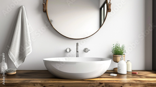 White sink on wood counter with a round mirror hanging above it. Bathroom interior.