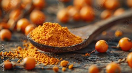 Sea buckthorn powder served on a spoon as a beneficial dietary addition