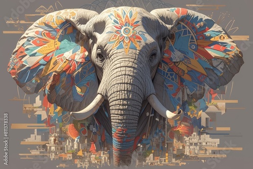 An elephant with colorful patterns on its skin, highly detailed and realistic. 